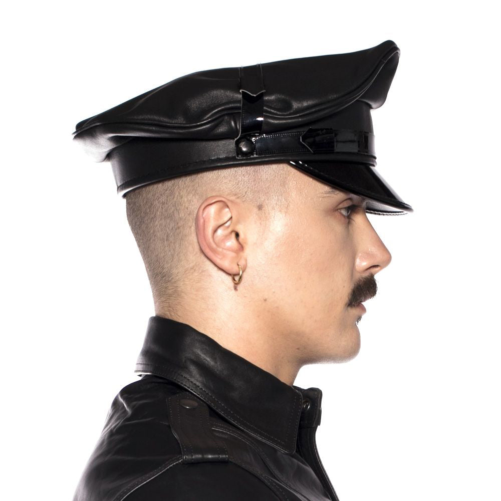 Prowler RED Military Cap Black Medium 57 cm showcased on a model, featuring a sleek design and classic leather style.