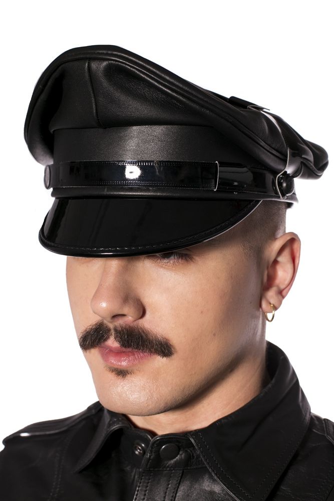 Prowler RED Military Cap Black 61 cm XL worn by a model with a mustache, showcasing a stylish leather look.