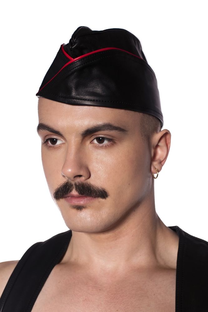 Prowler RED Triangle Cap Medium 57 cm Black and Red worn by a model, showcasing a leather look with attitude.