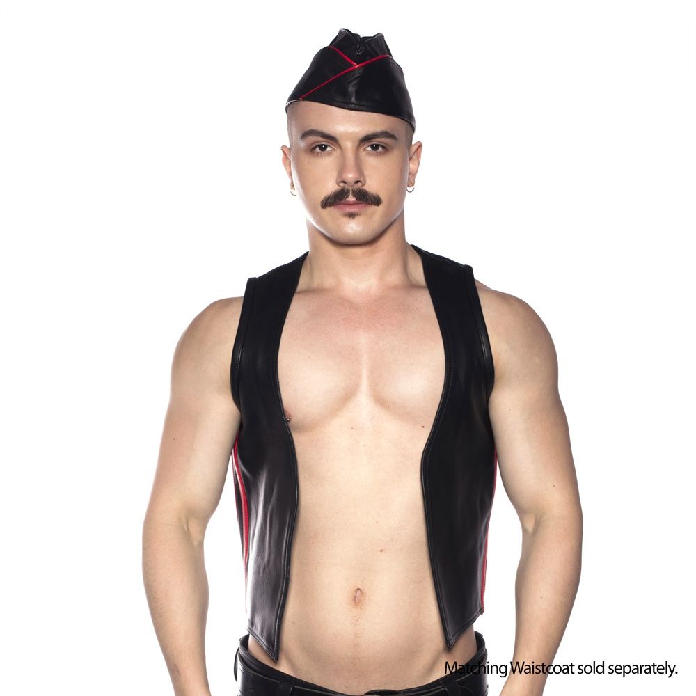 Prowler RED Triangle Cap Medium 57 cm Black and Red worn with a leather vest, showcasing bold fashion.
