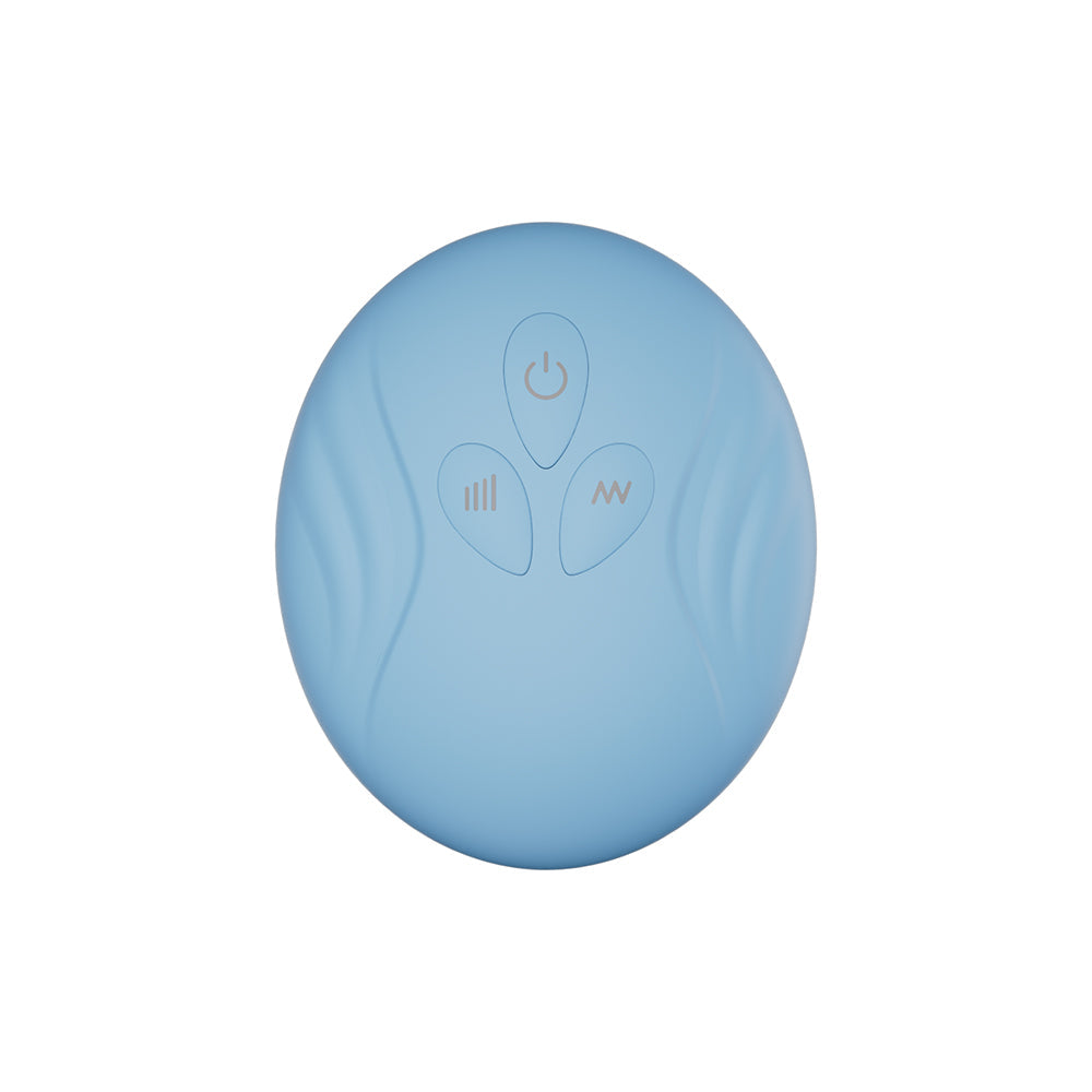 SVibe Snail JOVI Arc Couples Ring Vibrator Blue Haze remote control with buttons on a light blue surface.