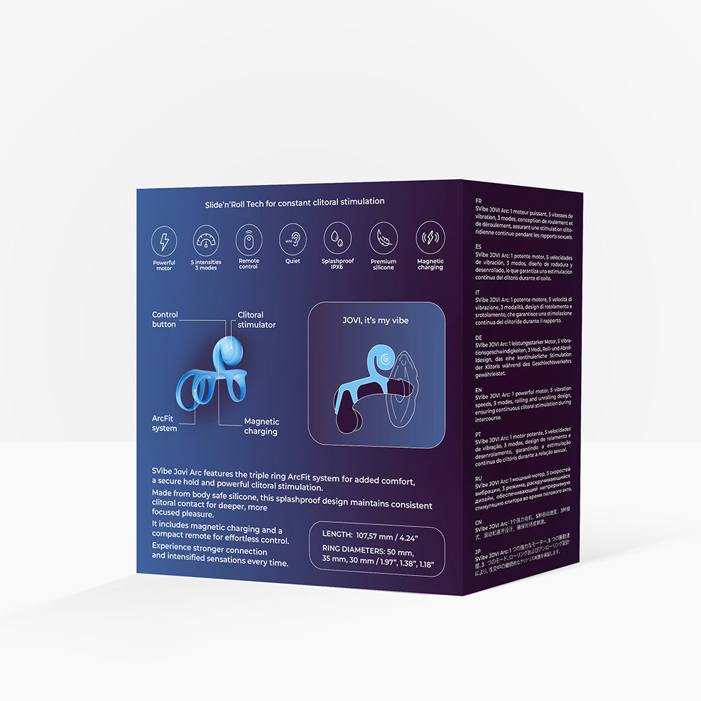 SVibe Snail JOVI Arc Couples Ring Vibrator Blue Haze packaging details and features illustration