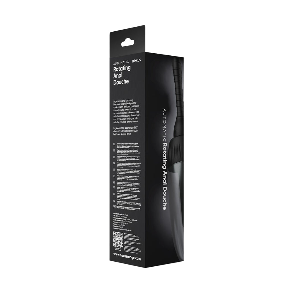 Nexus Automatic Rotating Anal Douche packaging showcasing advanced cleansing features and design.