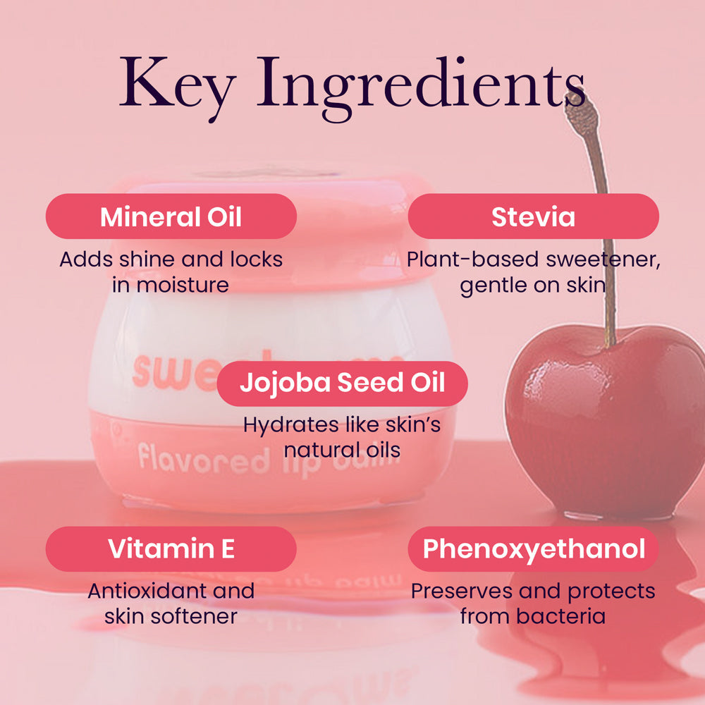 Sweetums Cherry Flavored Lip Balm key ingredients including Mineral Oil, Stevia, Jojoba Seed Oil, Vitamin E, and Phenoxyethanol.