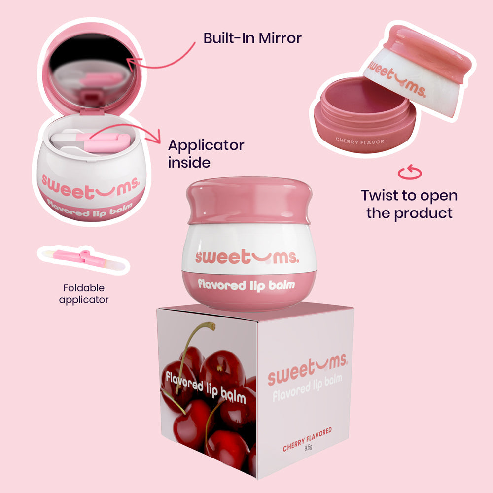 Sweetums Cherry Flavored Lip Balm with built-in mirror, applicator, and twist-open design for cherry flavor.