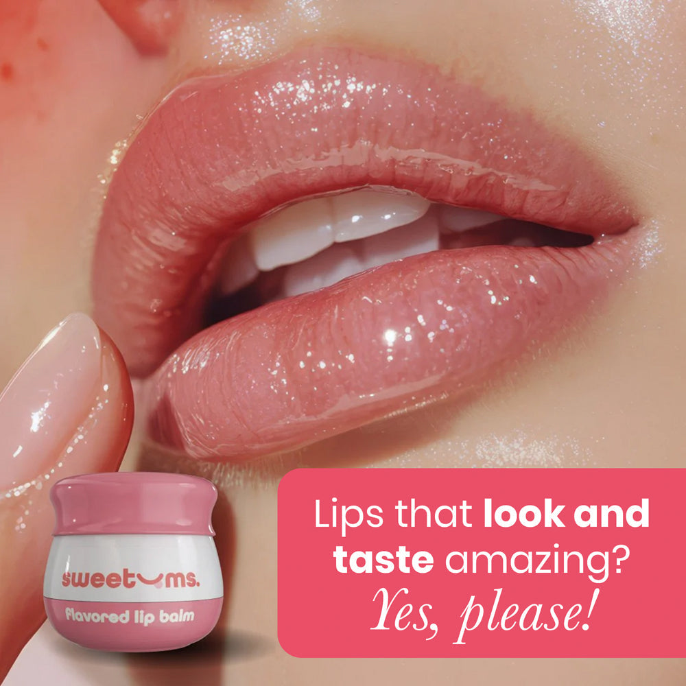 Sweetums Cherry Flavored Lip Balm promoting juicy cherry sweetness and hydration for soft, smooth lips.