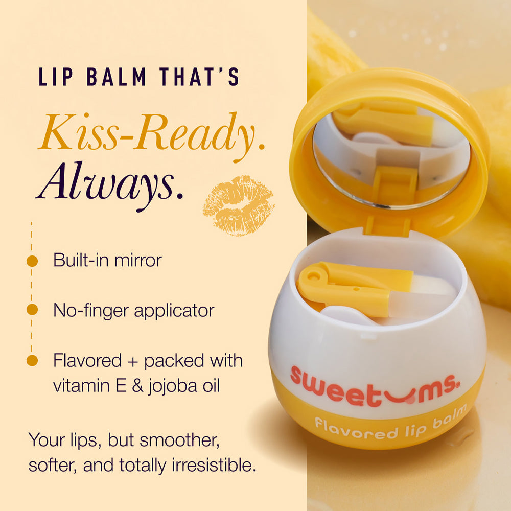Sweetums Pineapple Flavored Lip Balm features a built-in mirror, no-finger applicator, and nourishing ingredients for soft lips.