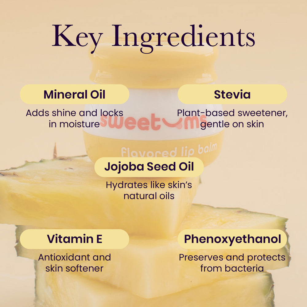 Key ingredients of Sweetums Pineapple Flavored Lip Balm including mineral oil, stevia, jojoba seed oil, vitamin E, and phenoxyethanol.