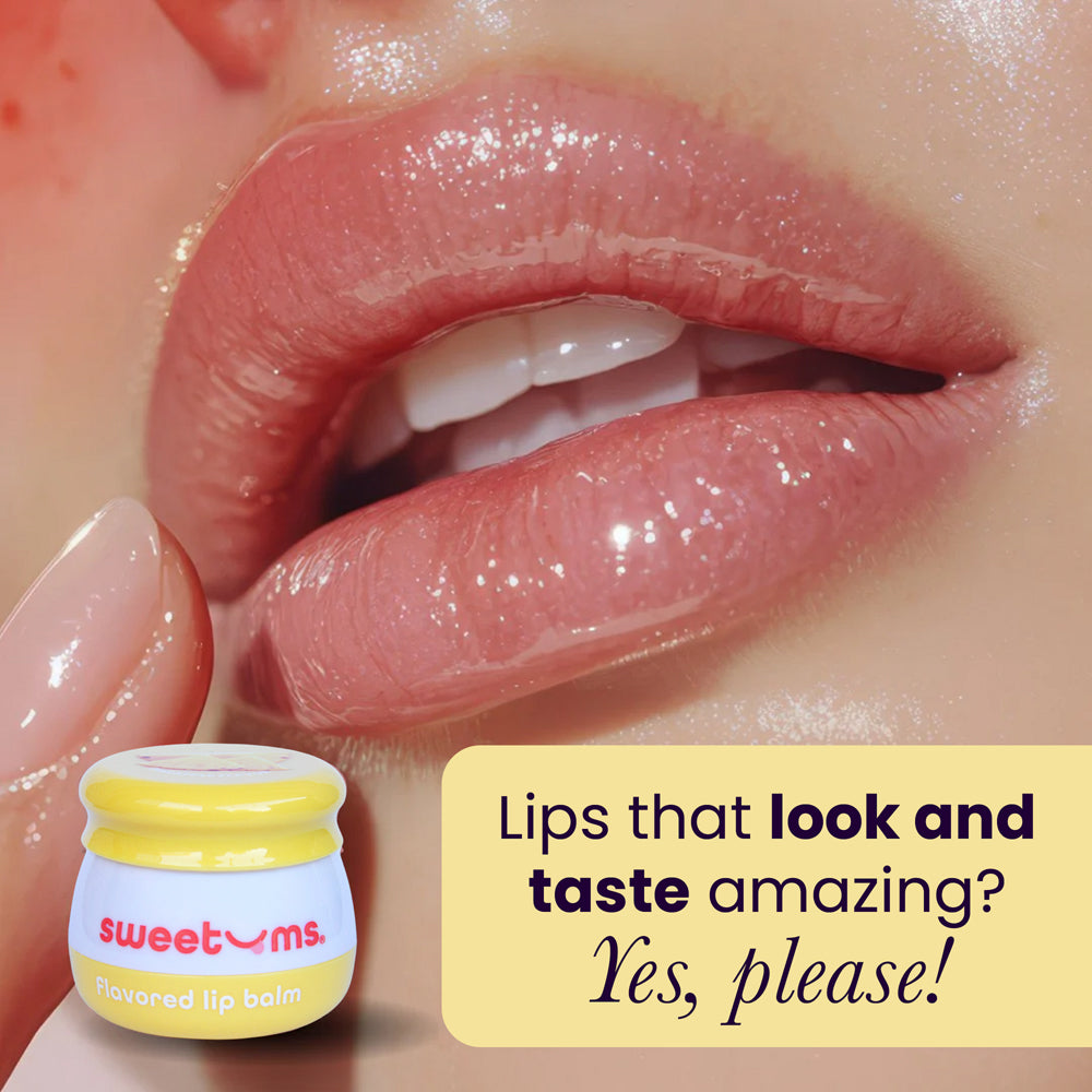 Sweetums Pineapple Flavored Lip Balm on glossy lips with text 'Lips that look and taste amazing? Yes, please!'