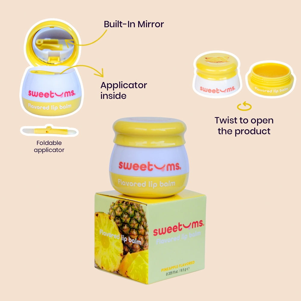 Sweetums Pineapple Flavored Lip Balm packaging with mirror, applicator, and instructions for use.