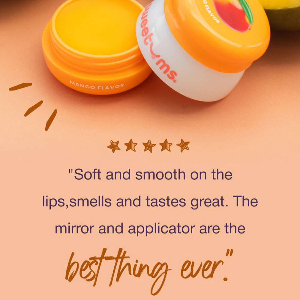 Sweetums Mango Flavored Lip Balm in mango flavor with a quote praising its soft texture and great taste.