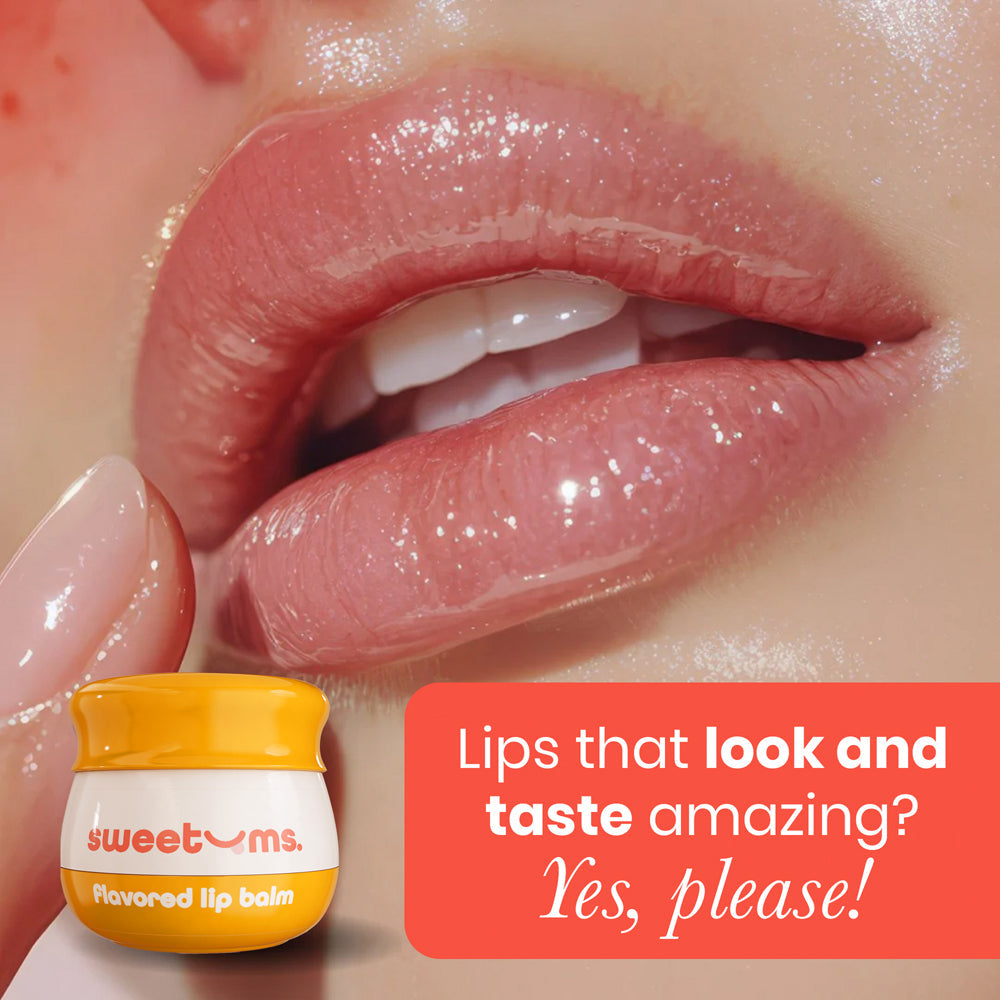 Sweetums Mango Flavored Lip Balm in a jar with glossy, hydrated lips for a tropical escape.