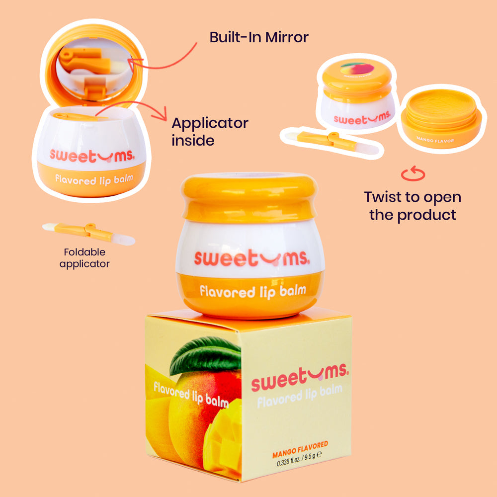 Sweetums Mango Flavored Lip Balm with built-in mirror and foldable applicator for easy use.
