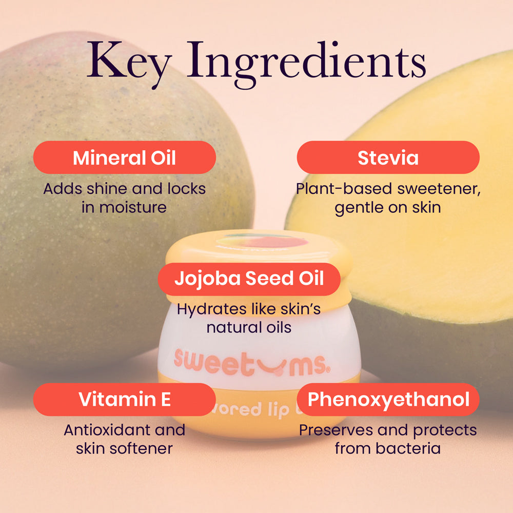 Key ingredients of Sweetums Mango Flavored Lip Balm: Mineral Oil, Stevia, Jojoba Seed Oil, Vitamin E, Phenoxyethanol.