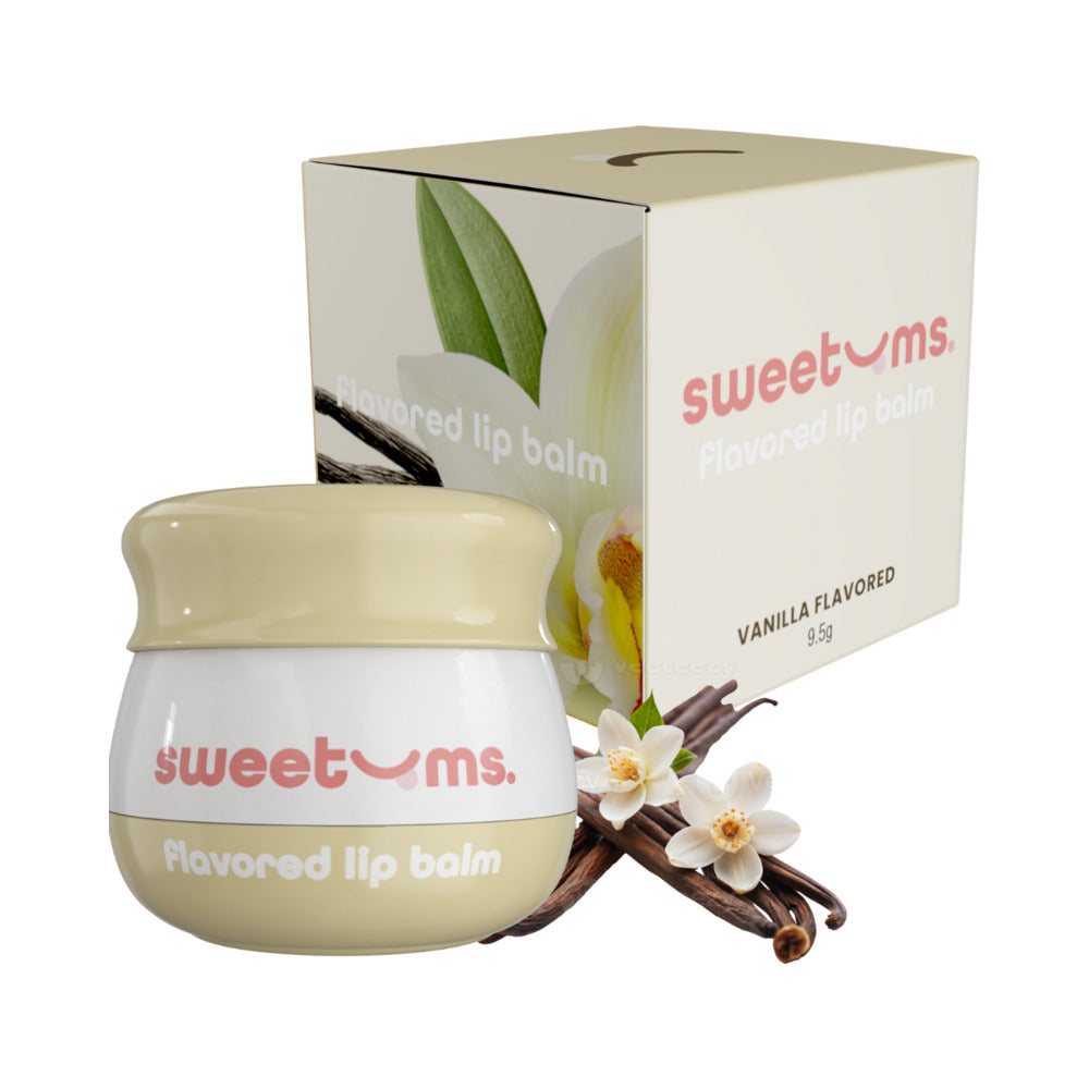 Sweetums Vanilla Flavored Lip Balm in a jar with a box, featuring vanilla flowers and natural ingredients.