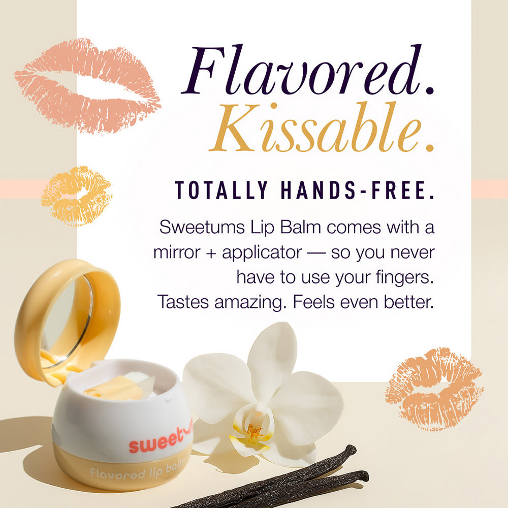 Sweetums Vanilla Flavored Lip Balm in a compact, hands-free applicator with mirror, offering rich hydration and glossy shine.