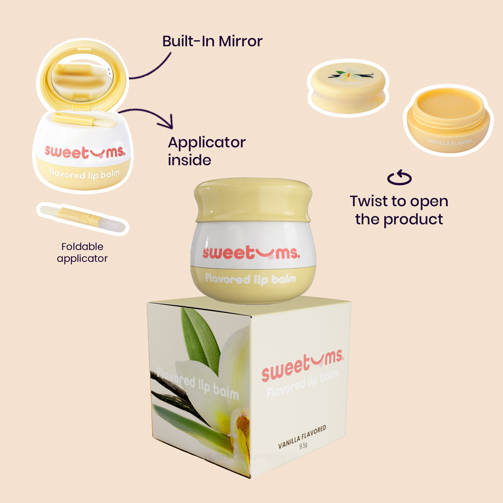 Sweetums Vanilla Flavored Lip Balm with built-in mirror and foldable applicator for easy use.