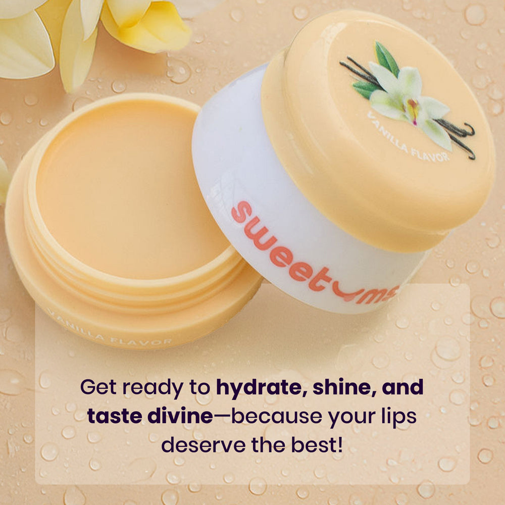 Sweetums Vanilla Flavored Lip Balm in an open container, rich in hydration and glossy shine for soft, smooth lips.