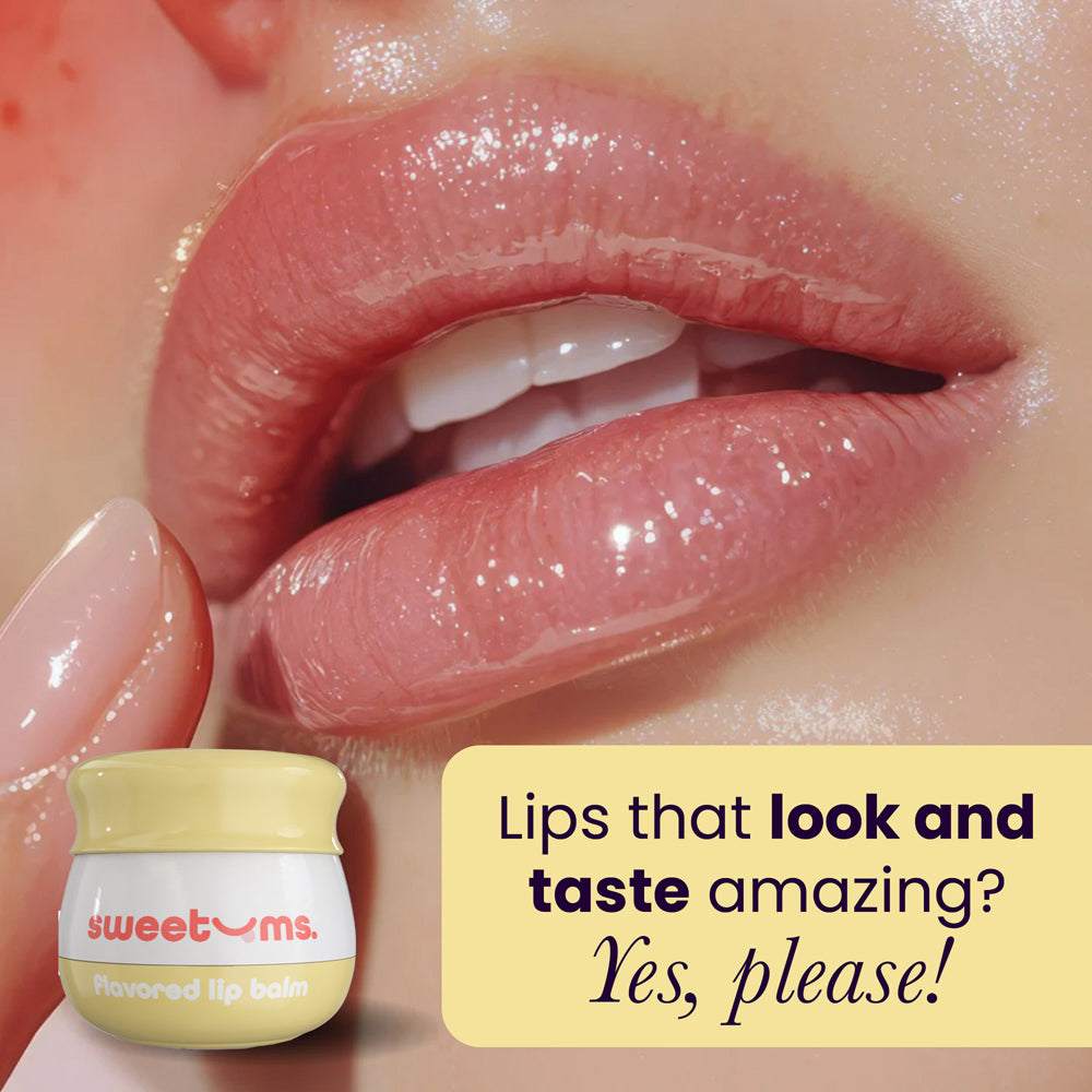 Sweetums Vanilla Flavored Lip Balm displayed with glossy lips and the text asking for amazing taste.