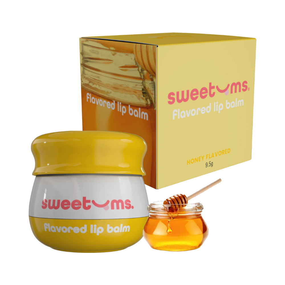 Sweetums Honey Flavored Lip Balm with jar and honey dipper, delivering hydration and shine for your lips.