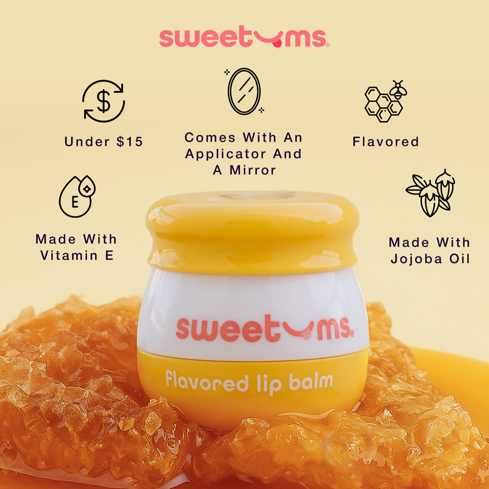 Sweetums Honey Flavored Lip Balm packaging with features like vitamin E, jojoba oil, and an applicator.