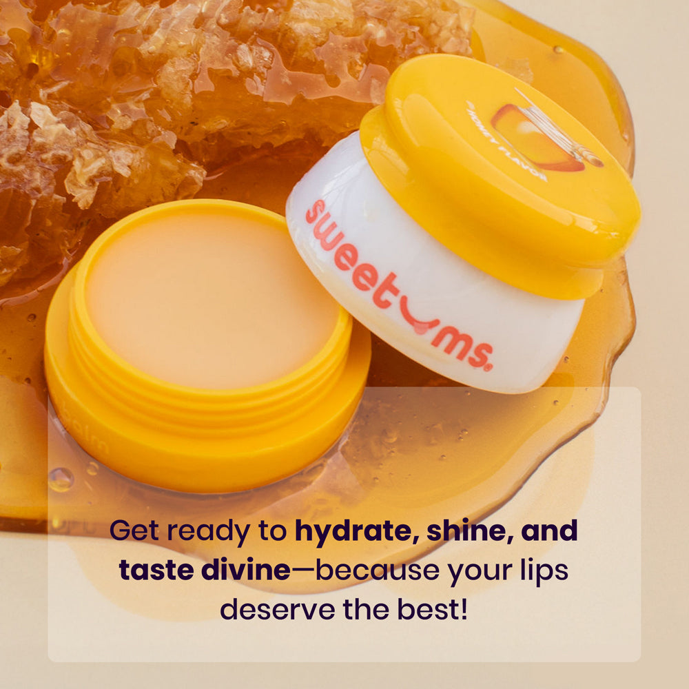 Sweetums Honey Flavored Lip Balm in a yellow container with honeycomb, perfect for hydration and shine.