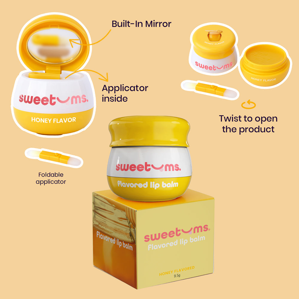 Sweetums Honey Flavored Lip Balm packaging with built-in mirror and applicator for easy use.