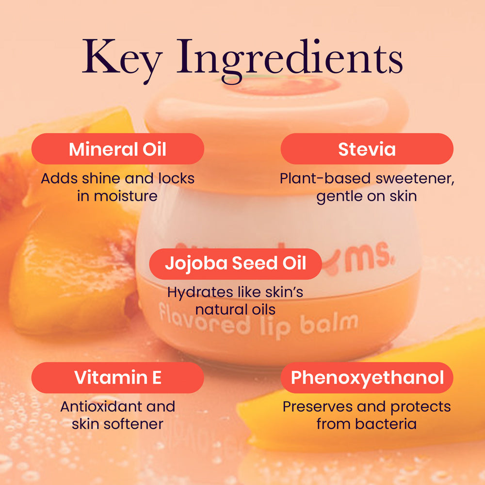Ingredients in Sweetums Peach Flavored Lip Balm: Mineral Oil, Stevia, Jojoba Seed Oil, Vitamin E, Phenoxyethanol.