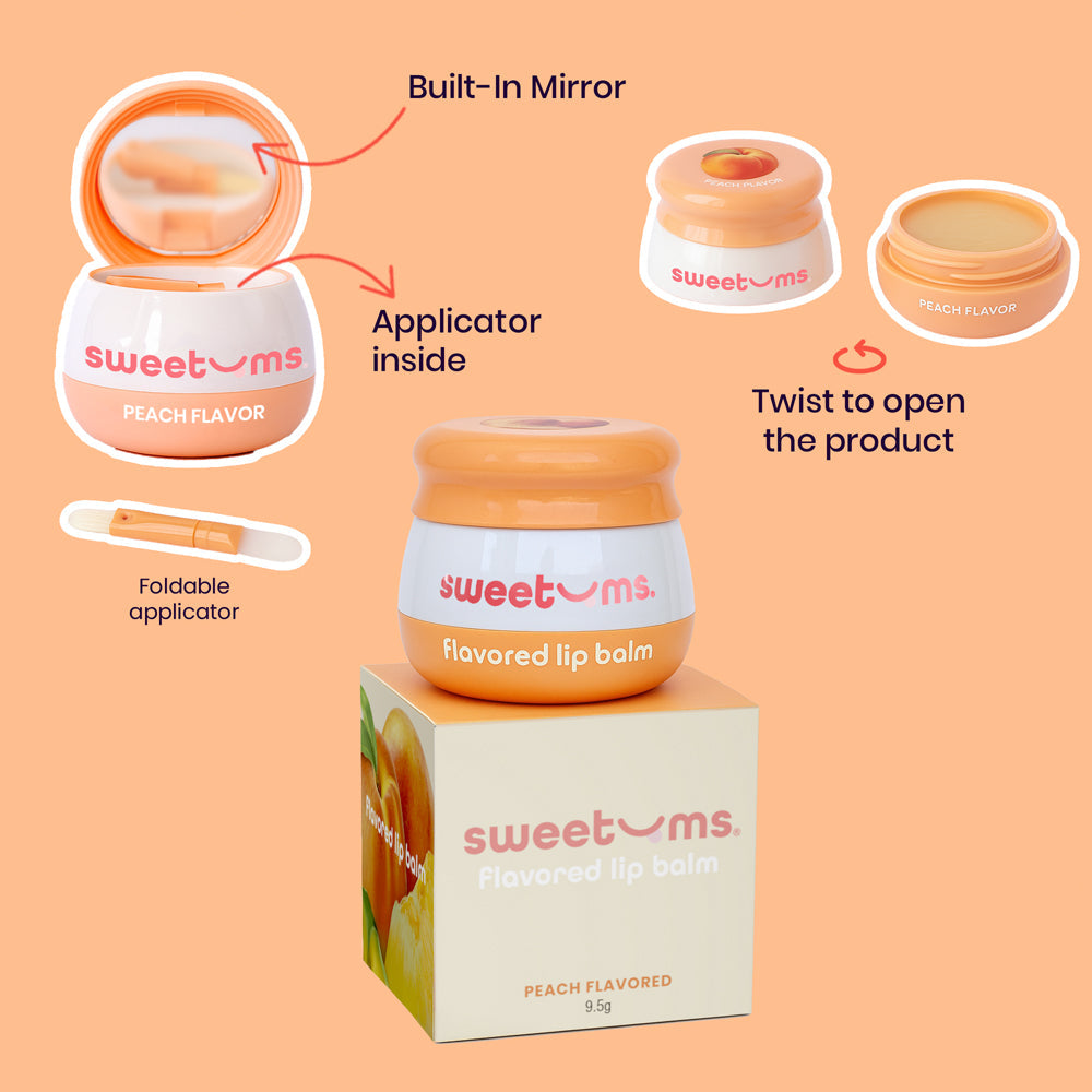 Sweetums Peach Flavored Lip Balm packaging with applicator and built-in mirror for lip care.
