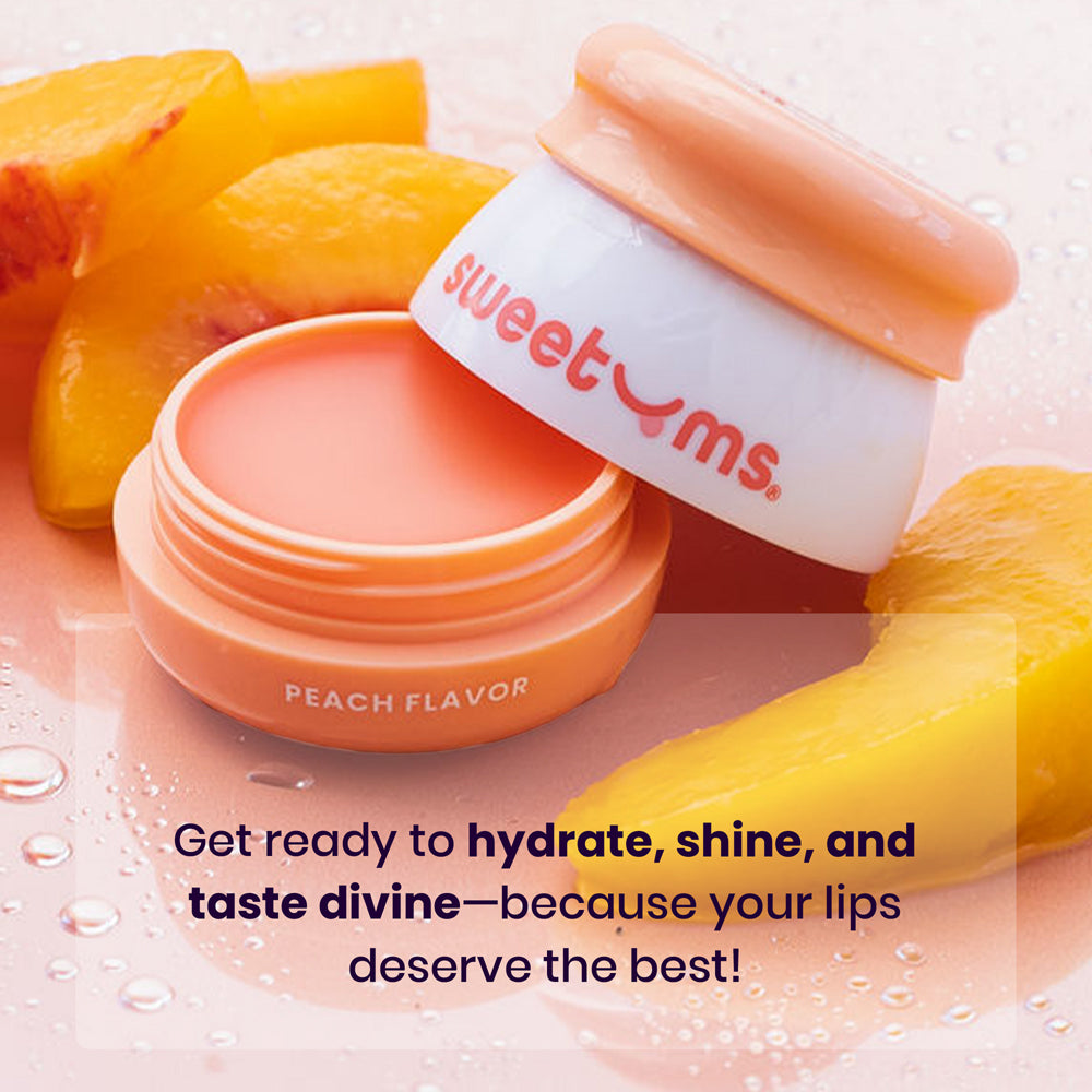 Sweetums Peach Flavored Lip Balm jar with peach slices, offering juicy hydration and shine for your lips.