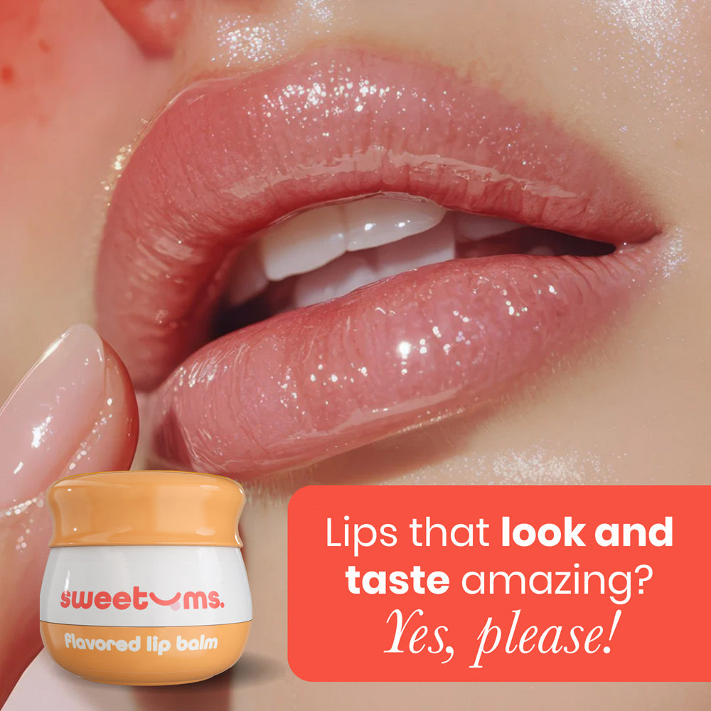 Sweetums Peach Flavored Lip Balm on smooth lips, delivering hydration and a fruity peach flavor for kissable softness.