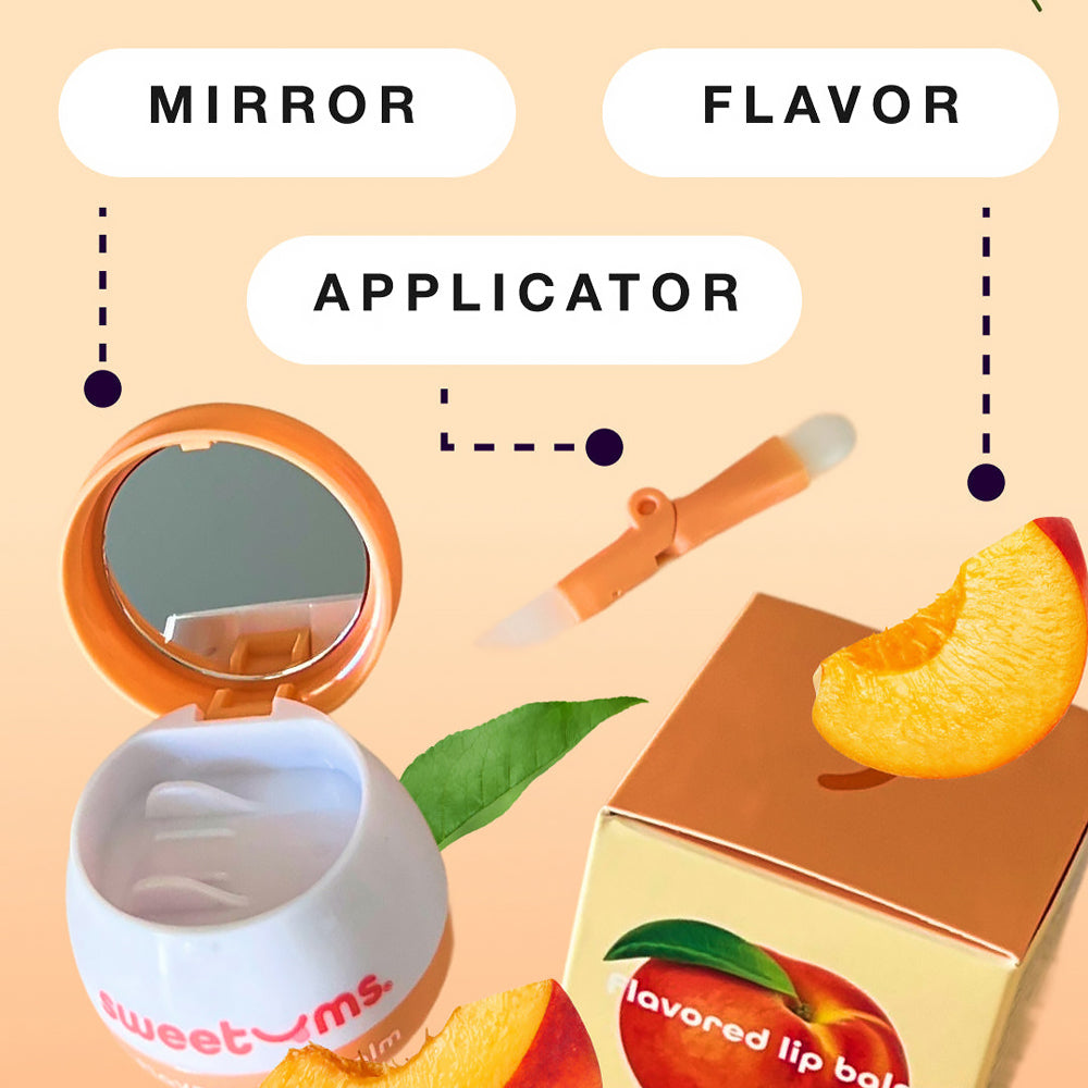 Sweetums Peach Flavored Lip Balm packaging with mirror, applicator, and peach flavor details.