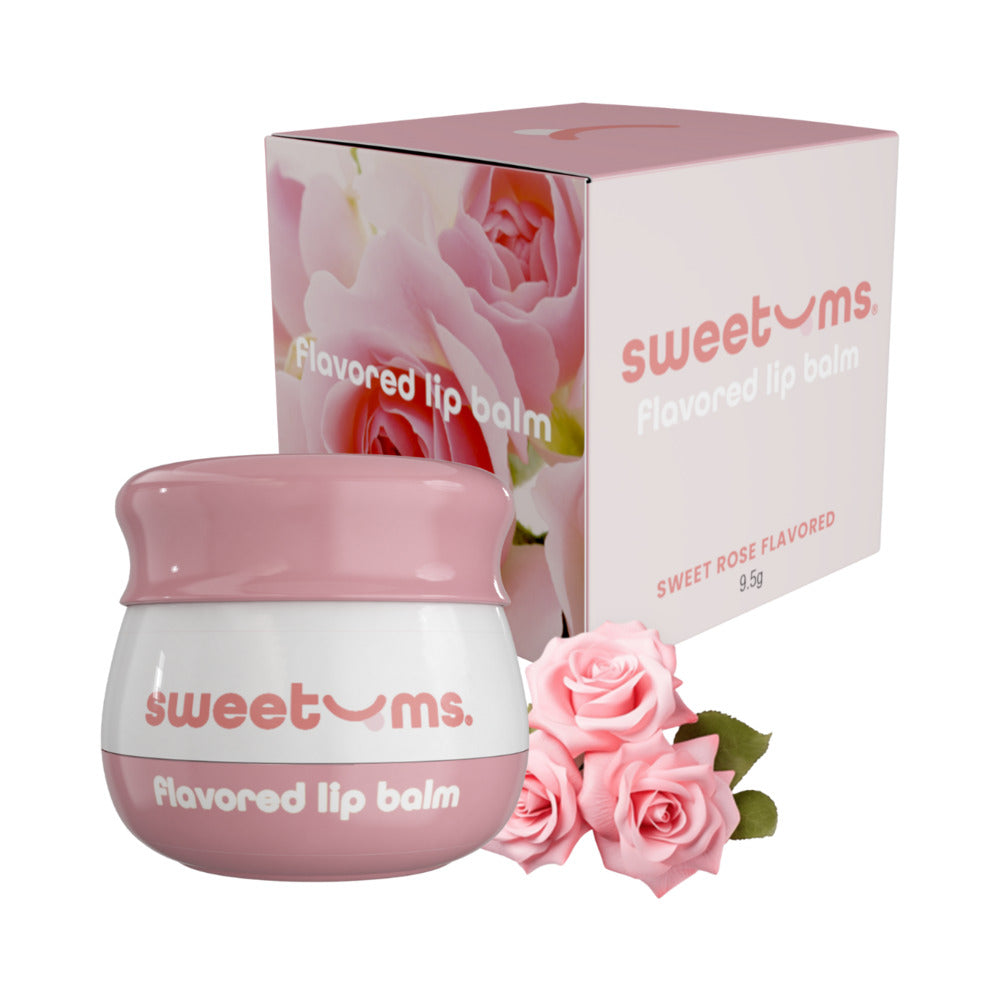 Sweetums Sweet Rose Flavored Lip Balm in a jar with pink packaging and roses for a touch of elegance.