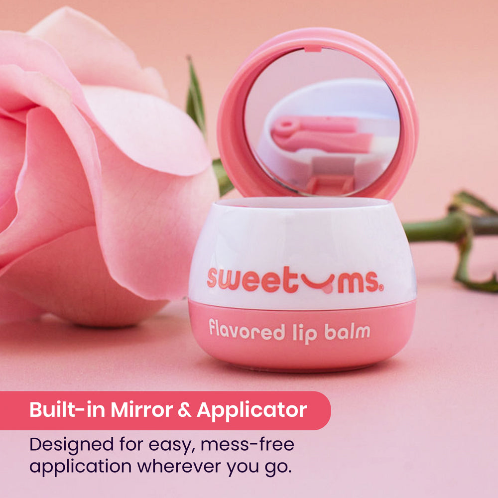 Sweetums Sweet Rose Flavored Lip Balm with built-in mirror and applicator, designed for mess-free application with floral elegance.