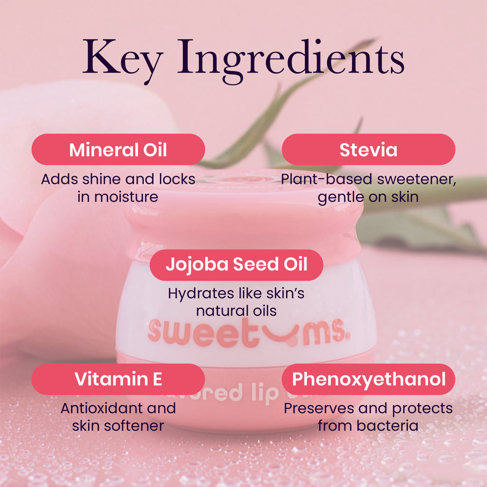 Key ingredients of Sweetums Sweet Rose Flavored Lip Balm including Mineral Oil, Stevia, Jojoba Seed Oil, Vitamin E, and Phenoxyethanol.