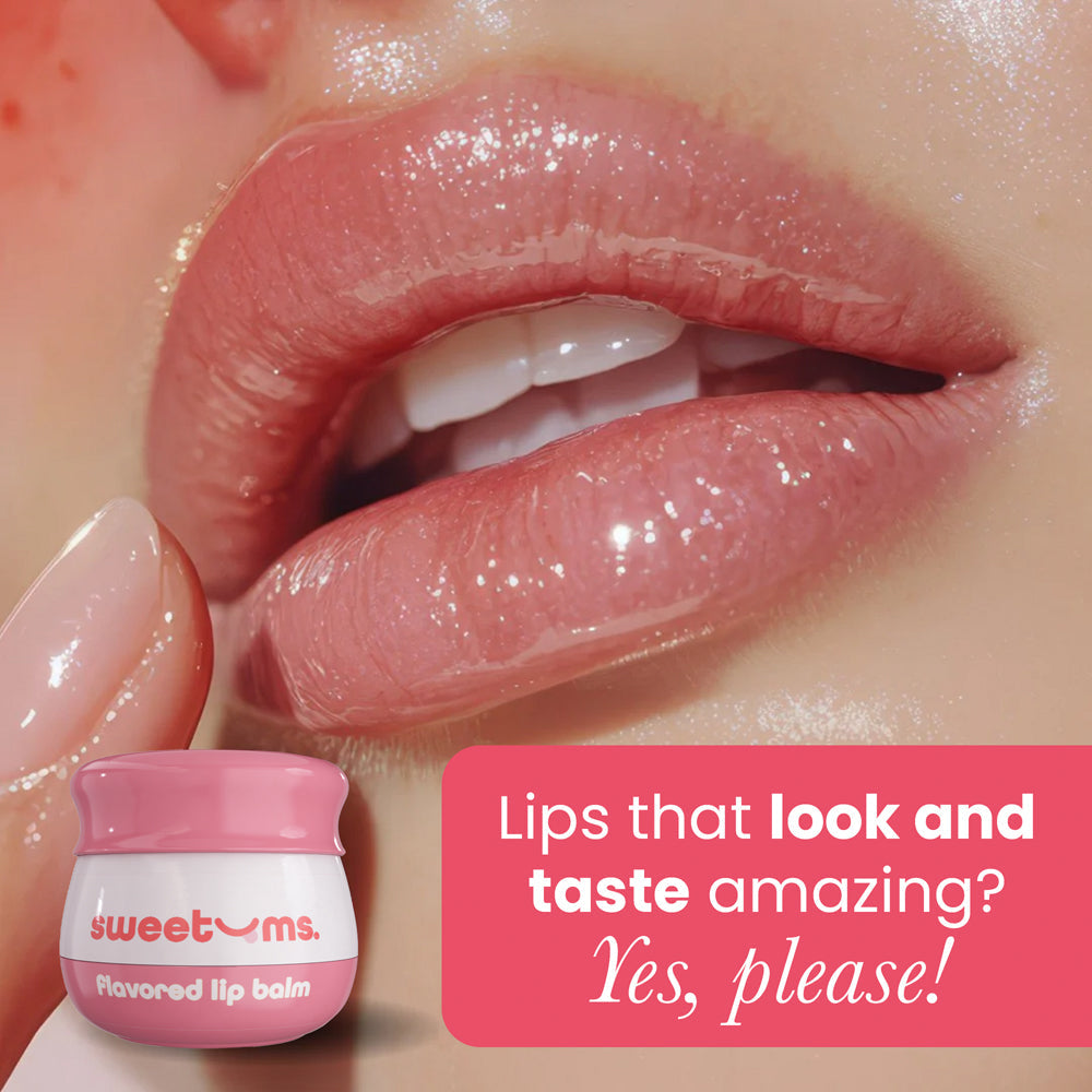 Sweetums Sweet Rose Flavored Lip Balm with smooth, glossy lips and a jar showing elegant hydration and floral sweetness.