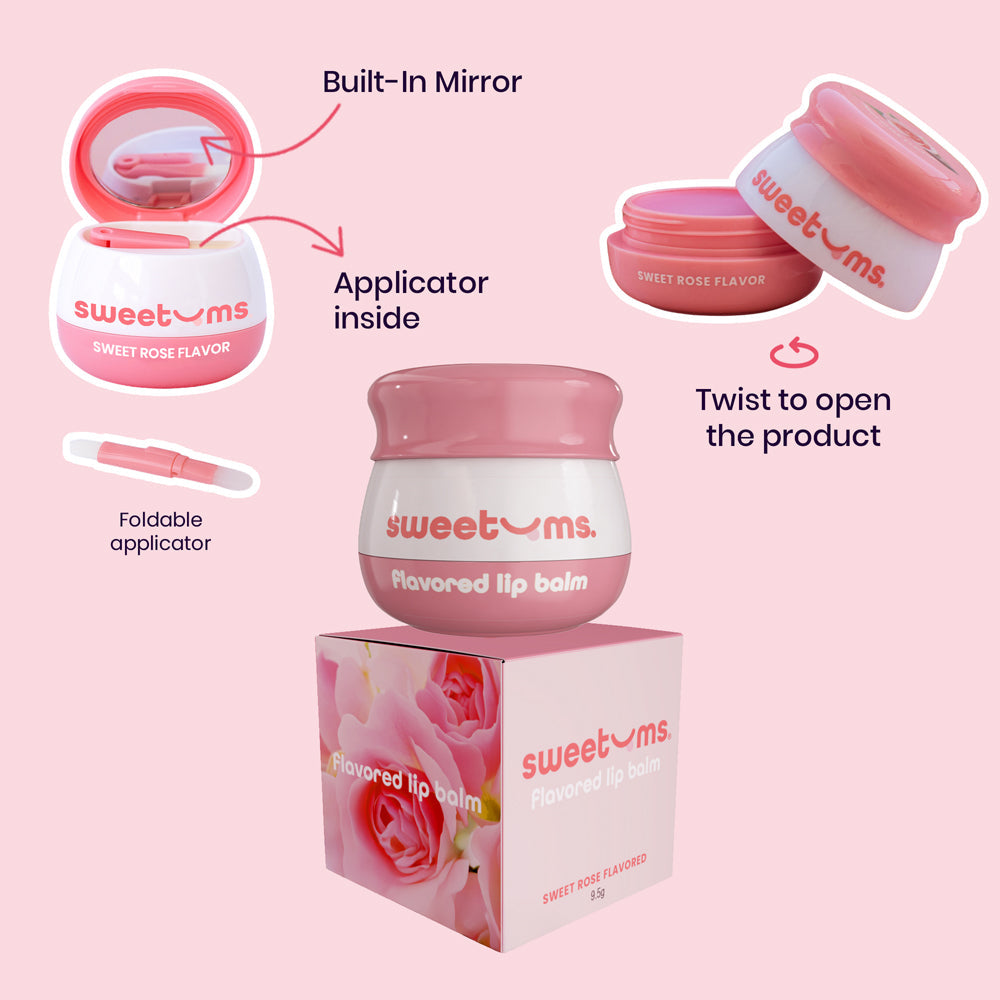 Sweetums Sweet Rose Flavored Lip Balm with built-in mirror and foldable applicator for easy use and hydration.