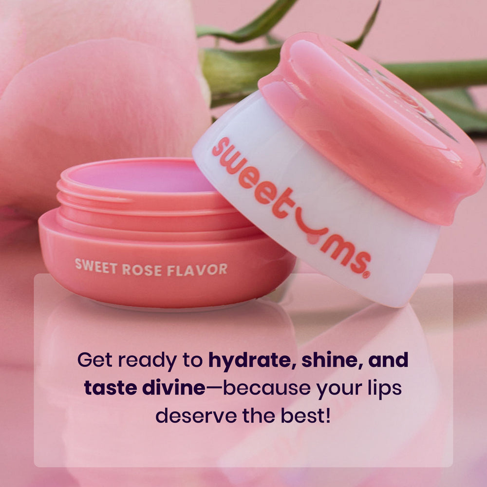 Sweetums Sweet Rose Flavored Lip Balm in a pink container, showcasing moisturizing benefits and sweet rose flavor.
