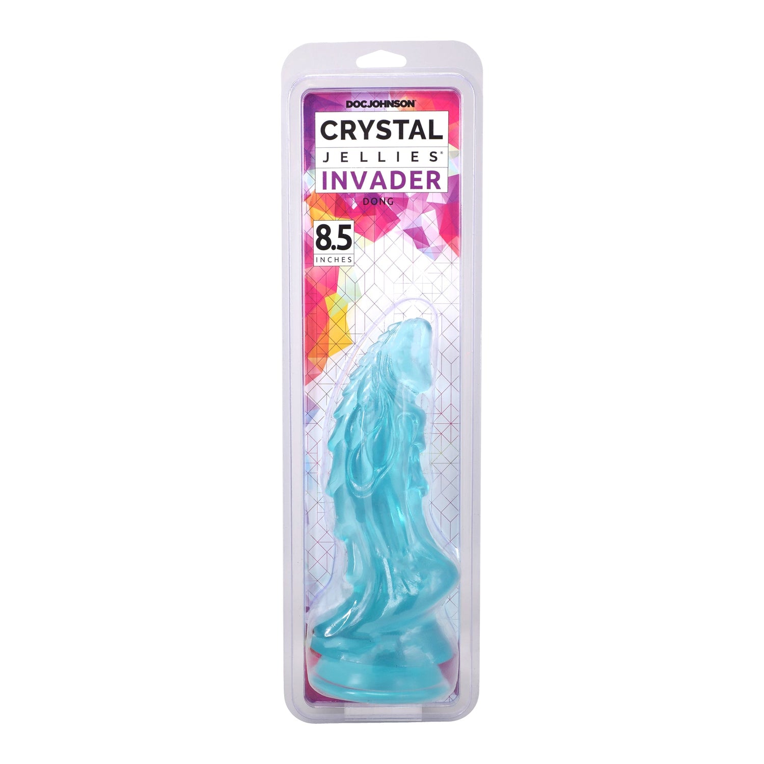 Crystal Jellies Invader 8.5 inch Dildo Teal packaged in vibrant box with alien-inspired design.