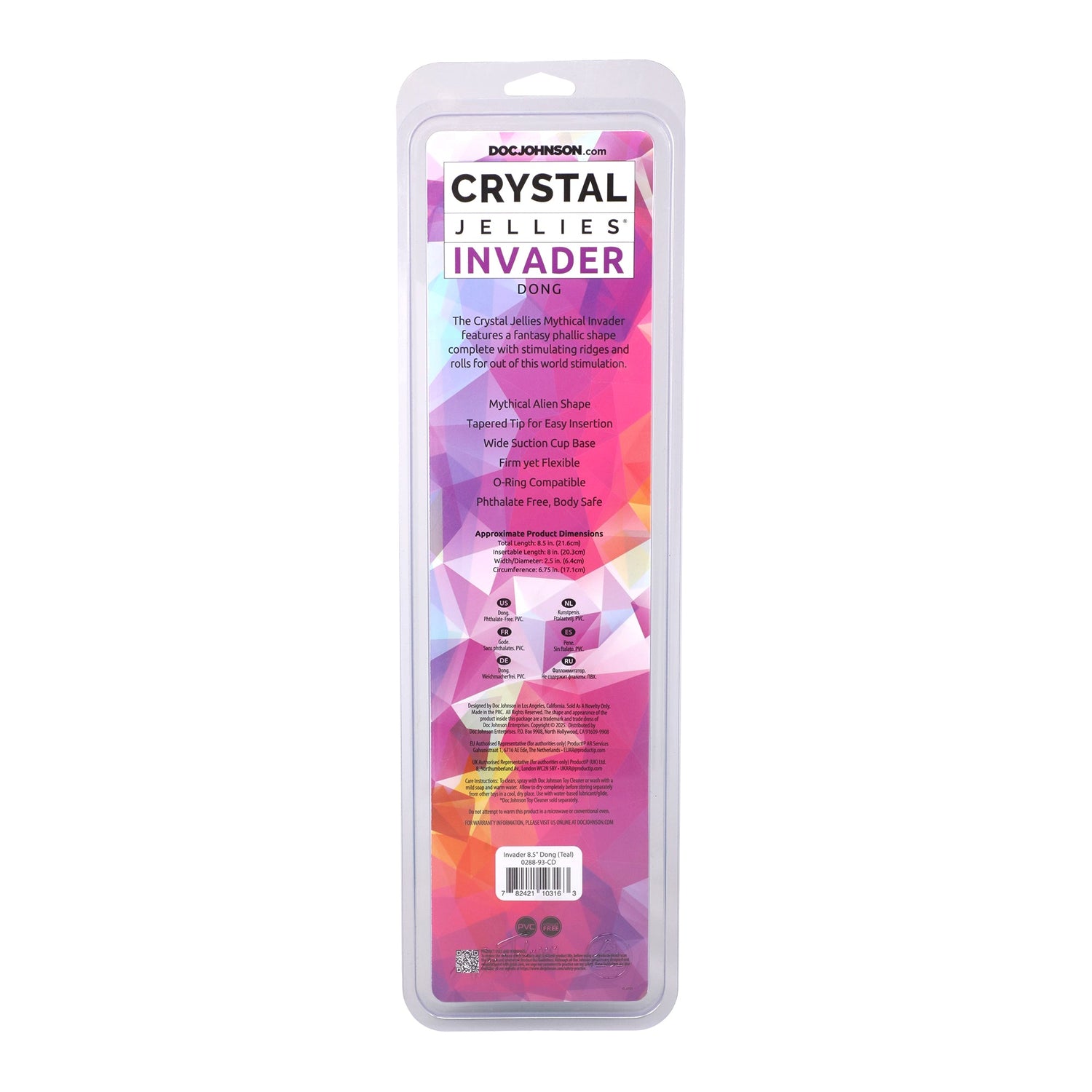 Crystal Jellies Invader 8.5 inch Dildo Teal packaging featuring vibrant design and product information.