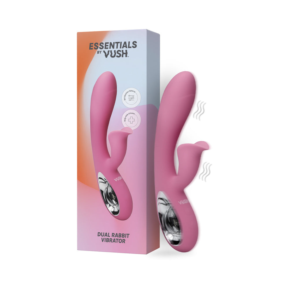 Vush Essentials Dual Rabbit Vibrator showcased in packaging, highlighting its sleek design and dual stimulation features.