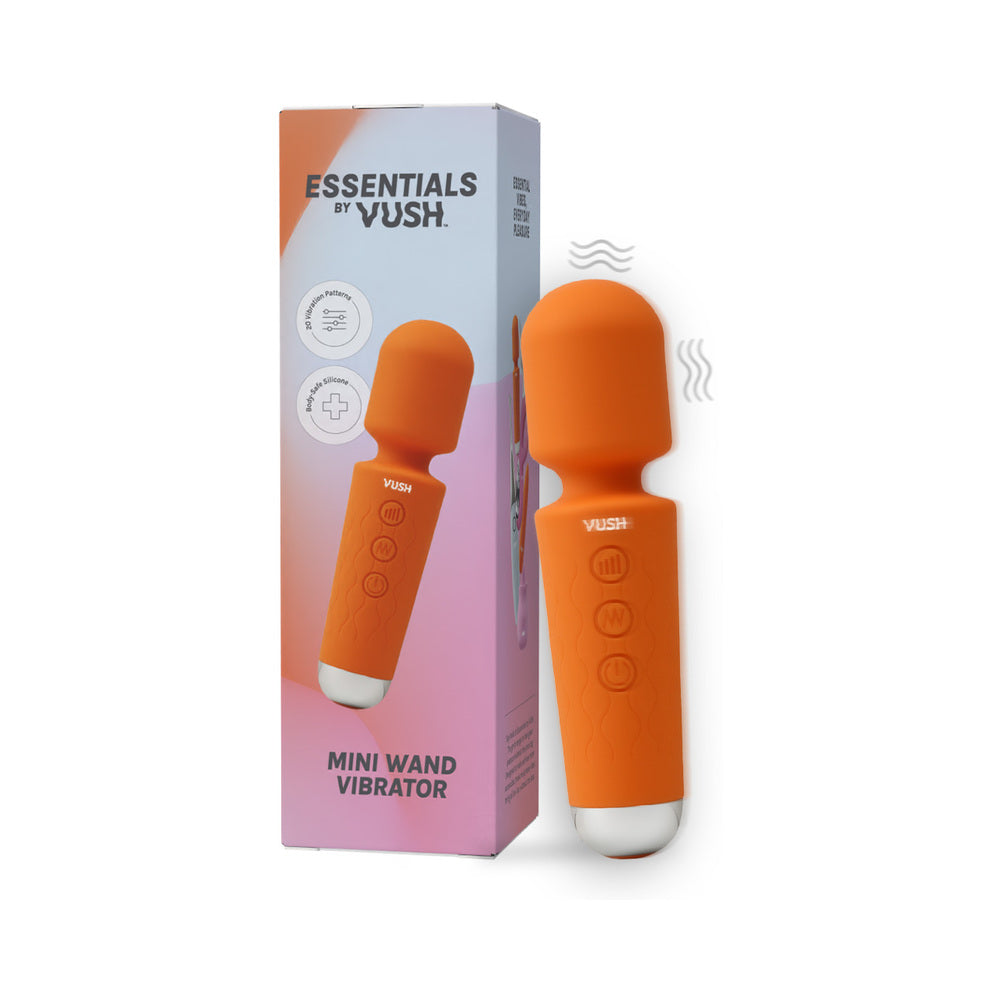 Vush Essentials Mini Wand Vibrator in orange packaging, showcasing a powerful pleasure massager for customizable stimulation.