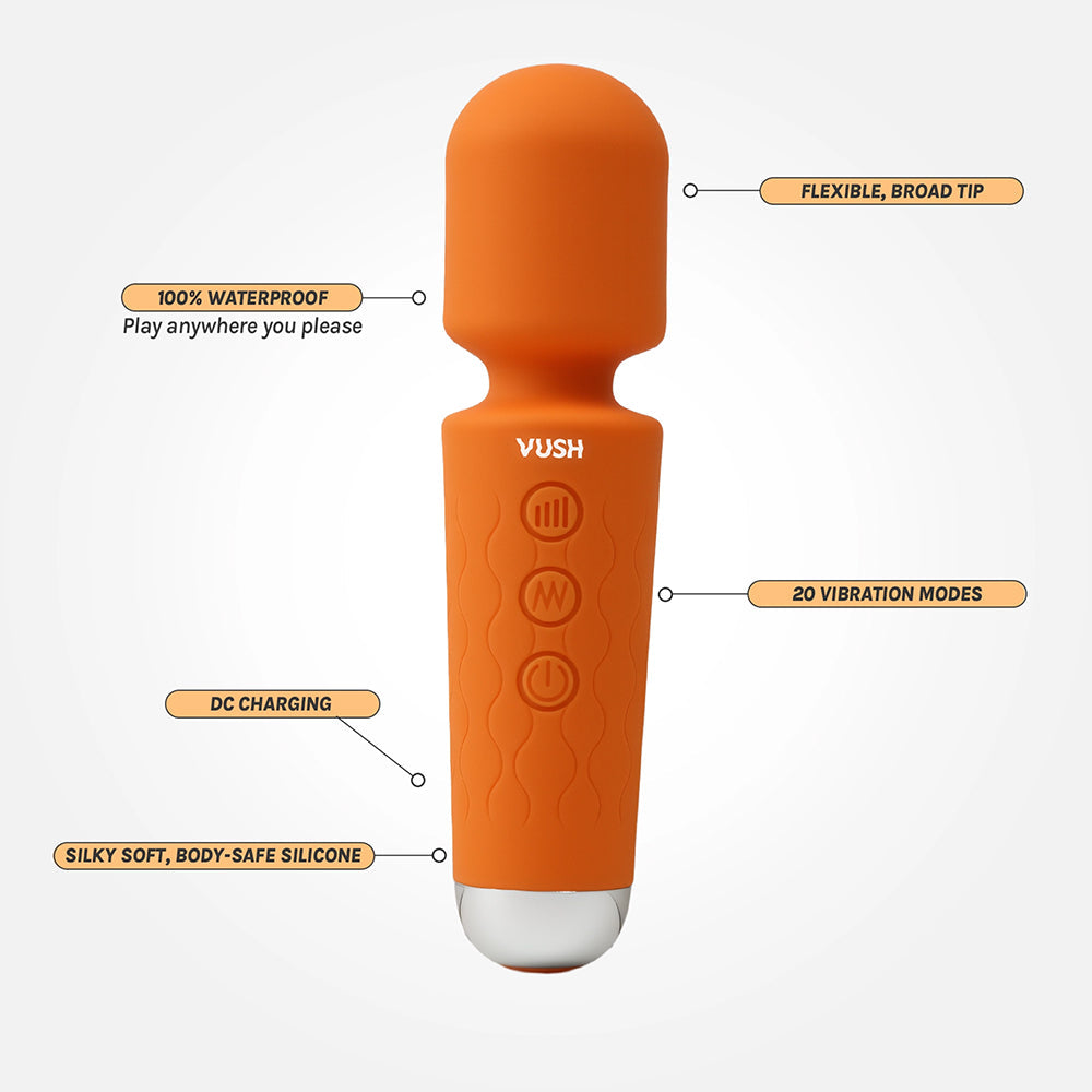 Vush Essentials Mini Wand Vibrator in orange, 100% waterproof with 20 vibration modes and body-safe silicone design.