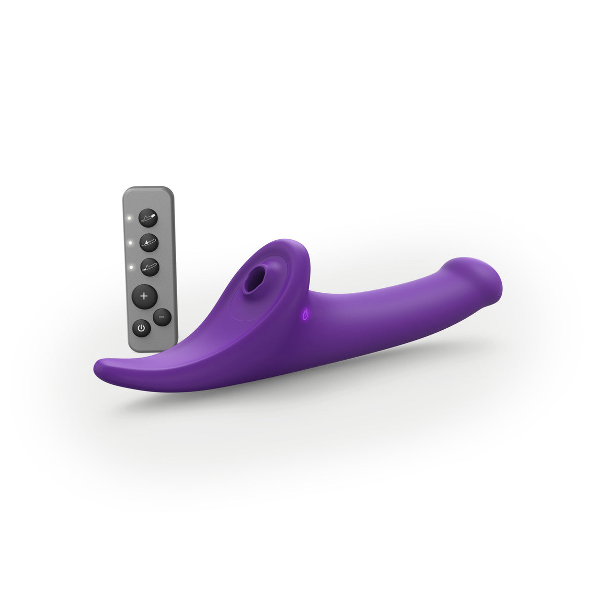 Strap-on-me Multi Orgasm Dildo Medium Purple with remote control for triple stimulation.