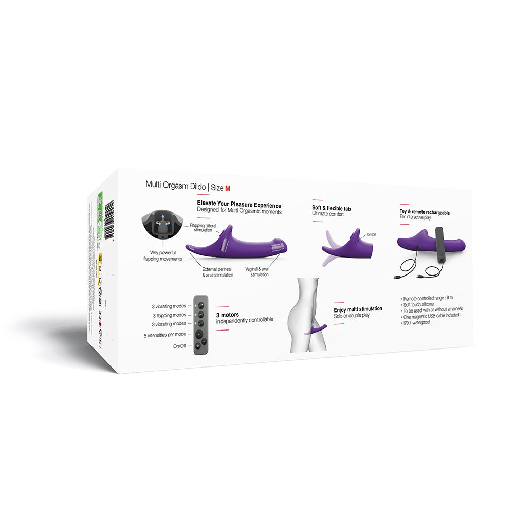Strap-on-me Multi Orgasm Dildo Medium Purple packaging showcasing features and controls for enhanced pleasure.