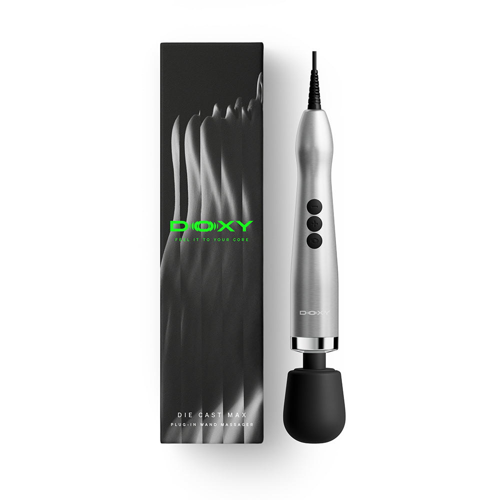 Doxy Die Cast Max Plug-in Wand Massager Silver with sleek design and packaging for powerful relaxation.