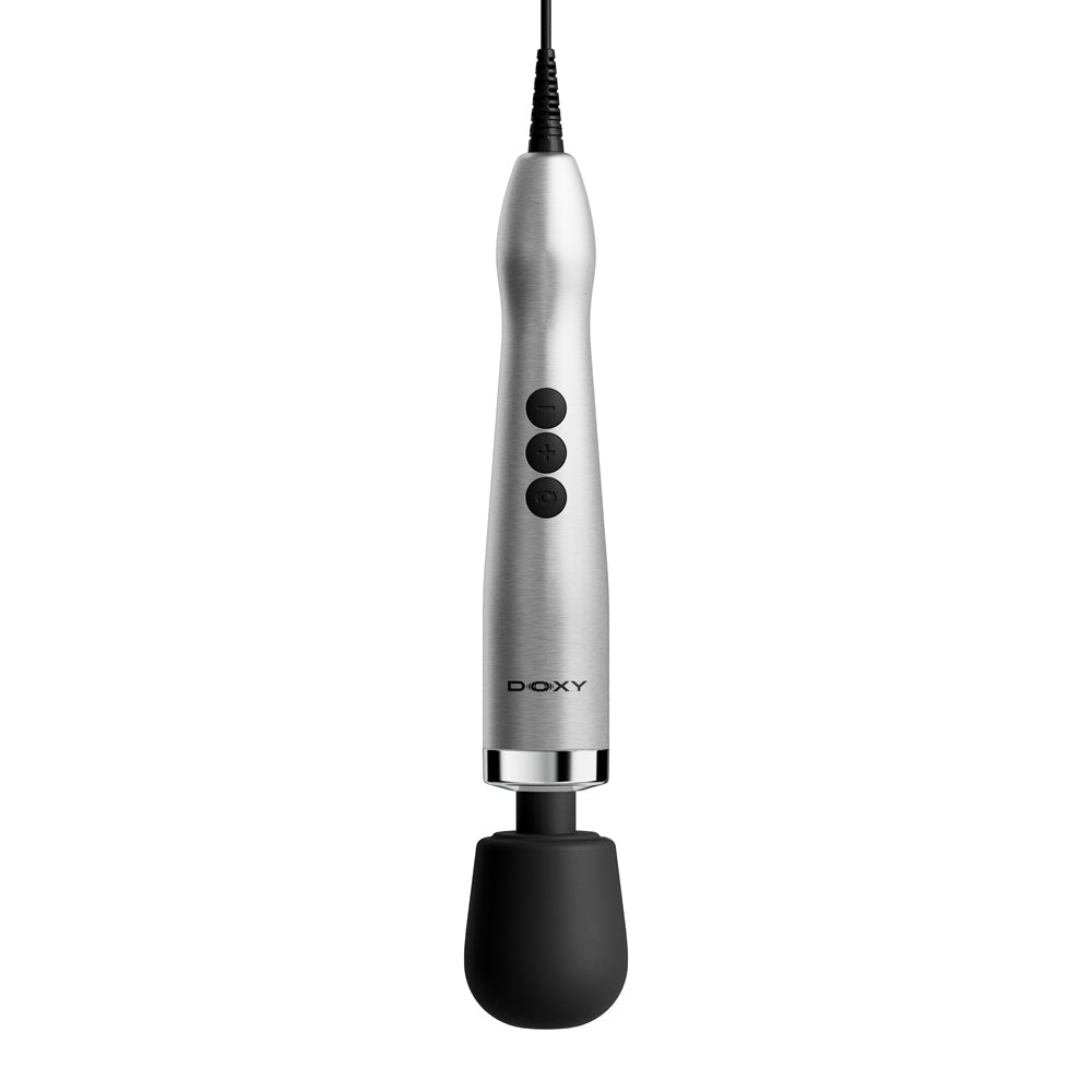 Doxy Die Cast Max Plug-in Wand Massager Silver with solid die cast body and control buttons.