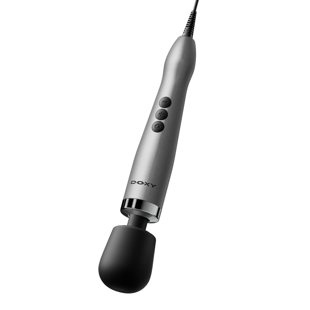 Doxy Die Cast Max Plug-in Wand Massager Silver showcasing ergonomic design and powerful performance.