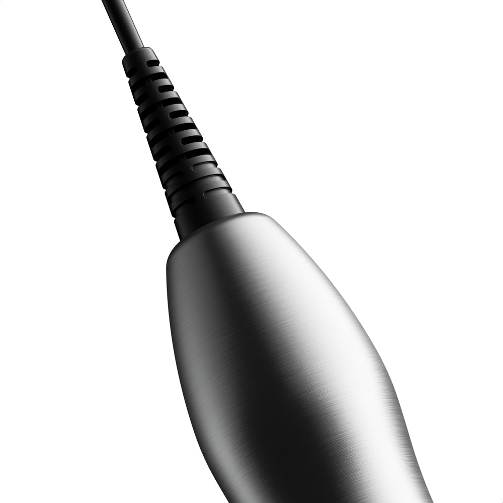 Close-up of the Doxy Die Cast Max Plug-in Wand Massager Silver's plug connection and textured cable design.