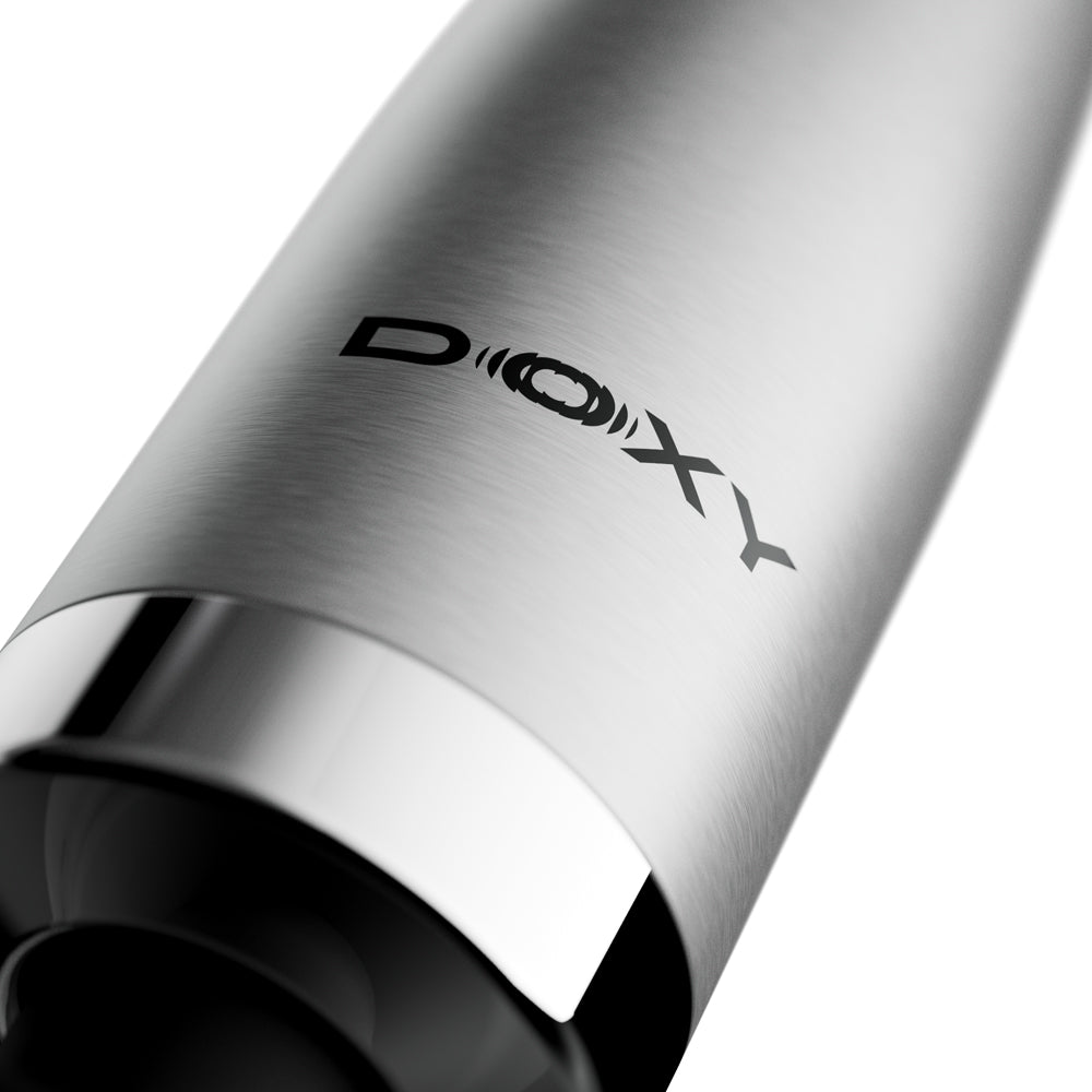 Doxy Die Cast Max Plug-in Wand Massager Silver close-up of the logo and sleek design.